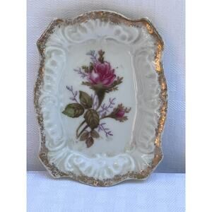 Vintage Del Mar Trinket Dish / Ashtray Gold Rose Floral Japan Art Porcelain